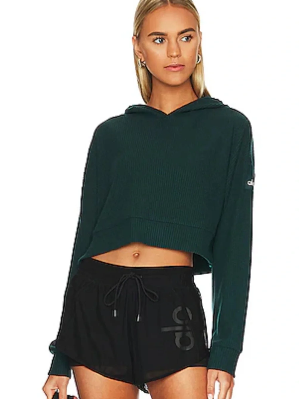 Alo Crop Ribbed Hoodie in Midnight Green